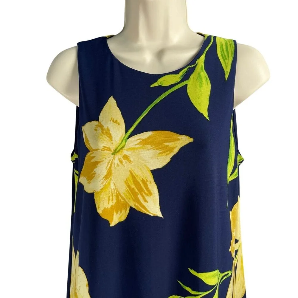Anne Klein Dress 8 Navy Golden Floral A-line Swing Sleeveless Travel Vacation